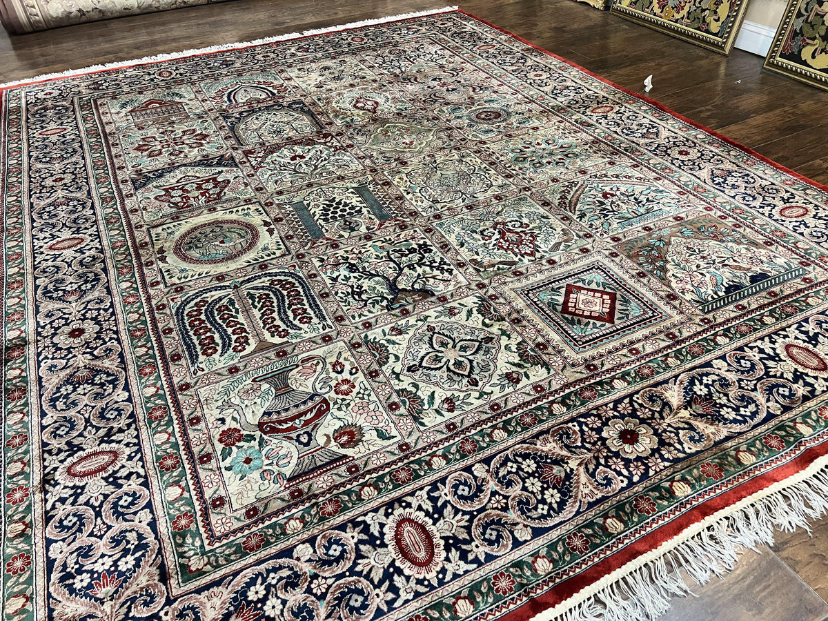 Silk Sino Persian Rug 9x12, Panel Design, Garden of Eden Pattern, Fine 200 KPSI, Hand Knotted Room Sized Silk Carpet, Vintage