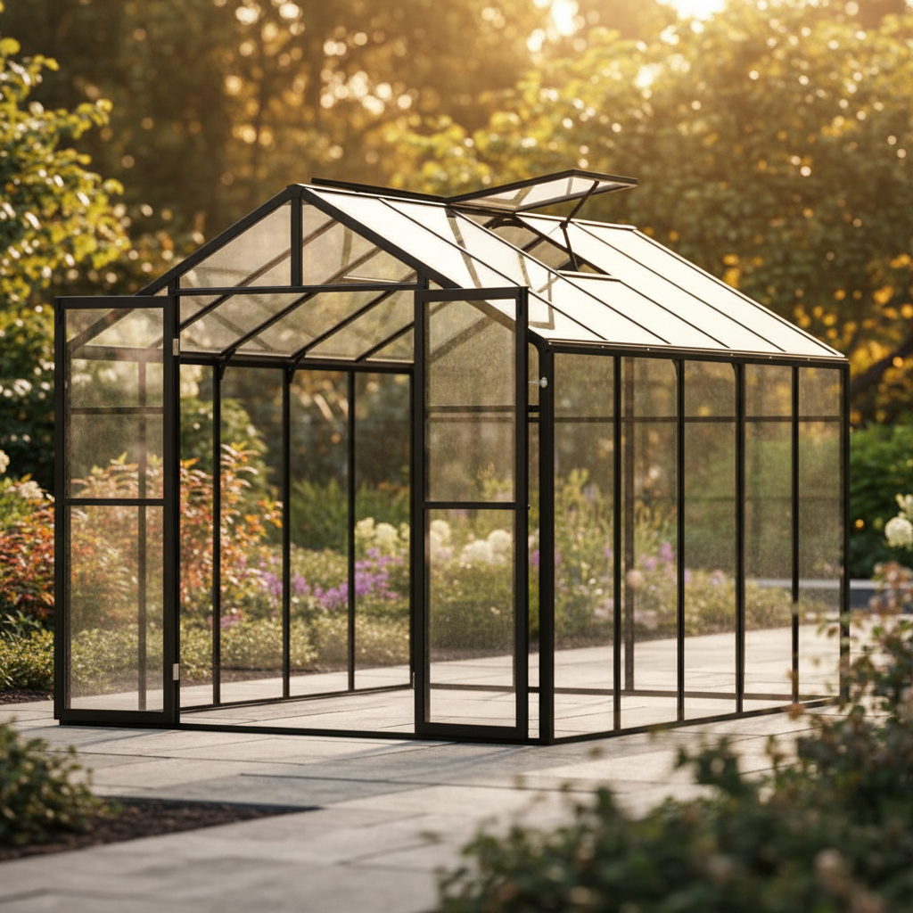 Polycarbonate Greenhouse, 8 X 10 Ft, Outdoor Greenhouse with 2 Vent Windows, Pavilion Styled Greenhouse with Hinged Door, Aluminum Large Walk-In Greenhouse Kit for outside Garden Backyard