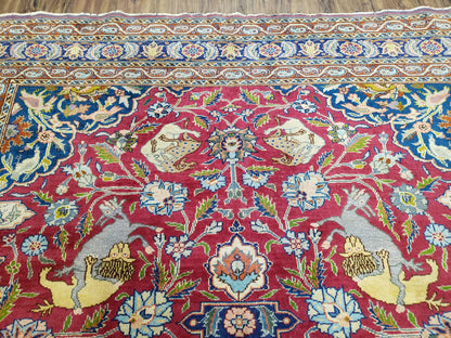 Antique Turkish Sivas Area Rug 8x11, Hand-Knotted, Vintage Red Wool Carpet, Gazelles Lions, Boteh Border, 8' x 11' Top Quality Oriental Rug