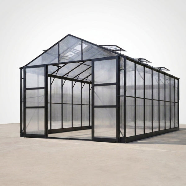 10X18 Ft Polycarbonate Greenhouse with Rain Gutter & 4 Roof Vents, Heavy Duty Aluminum Greenhouse for Outdoor Garden Backyard, Black — Studio Shot