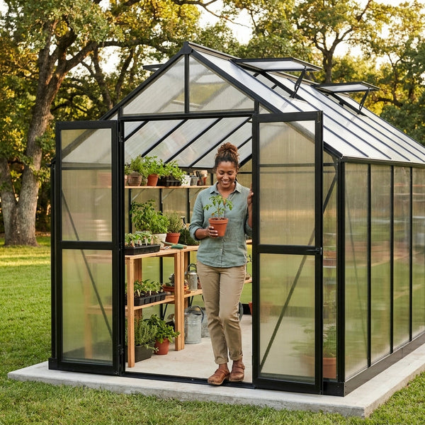 Polycarbonate Greenhouse Built for Year-Round Growing, Rain Gutters, 4 Roof Vents, Heavy Duty Aluminum Frame