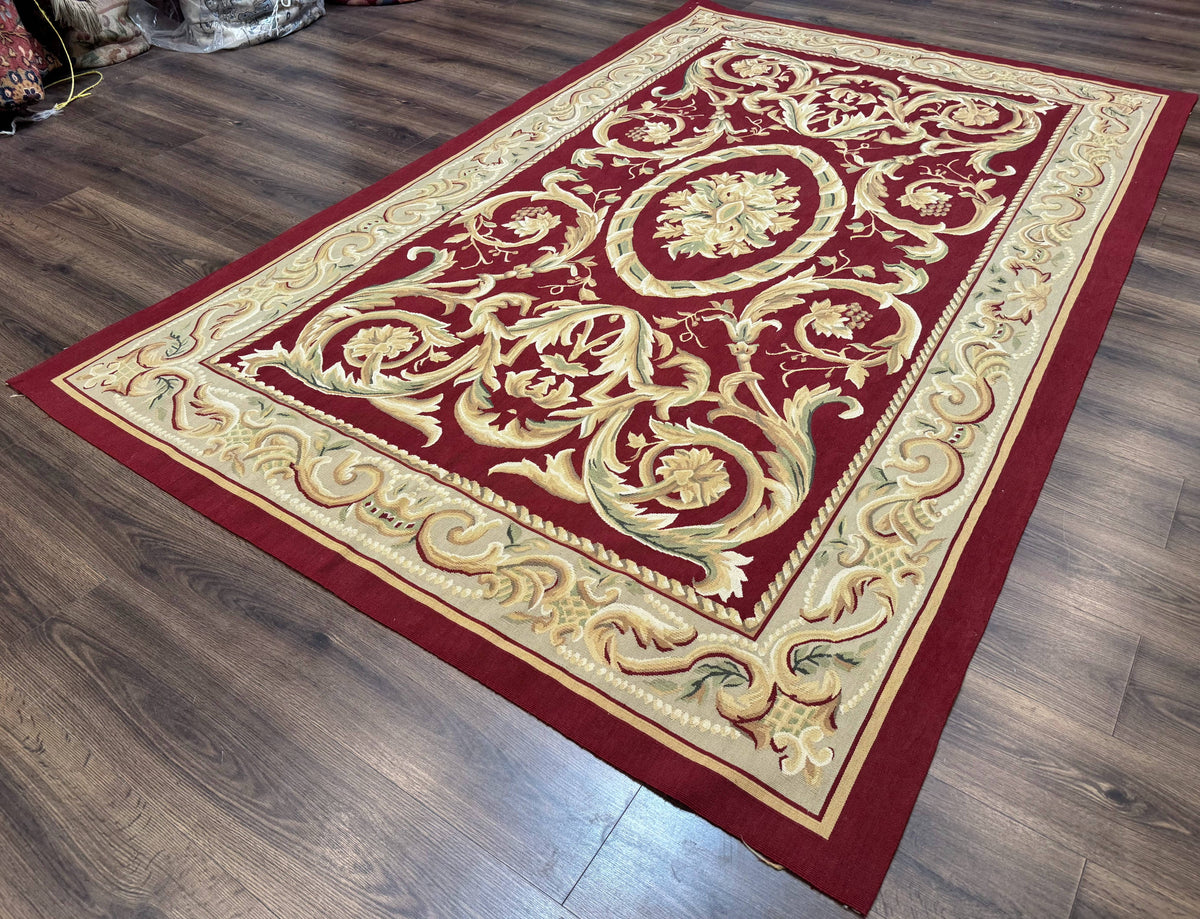 Burgundy Aubusson Rug 6x9, Vintage Wool Carpet