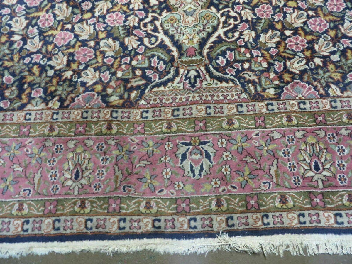 Turkish Sivas Rug 7x11, Navy Blue & Pink, Millifluer Floral Wool Carpet, Vintage