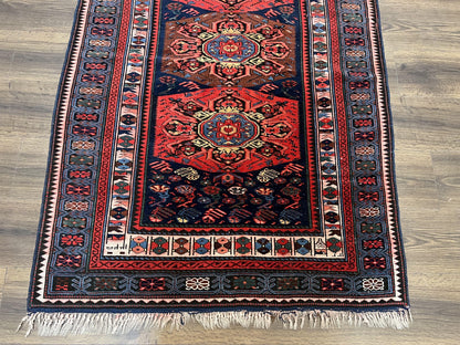 Antique Caucasian Seychour Rug 3.7 x 5.5, Collectible Oriental Carpet, Navy Blue and Red, Fine Kuba Rug, Vintage Rug, Wool Hand Knotted Rug