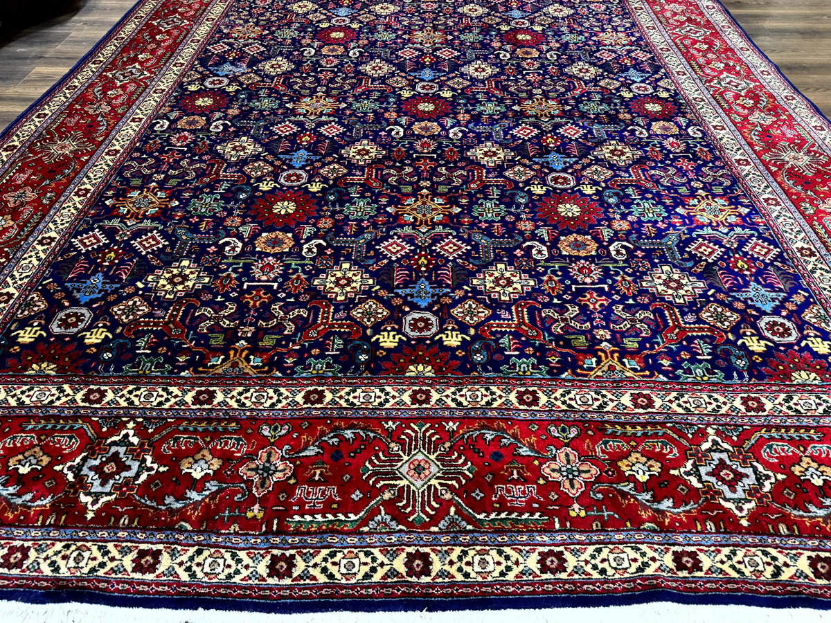 Large Persian Tabriz Rug 10x16, Navy Blue and Red, Allover Pattern, Vintage Hand Knotted Wool Carpet