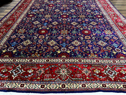 Large Persian Tabriz Rug 10x16, Navy Blue and Red, Allover Pattern, Vintage Hand Knotted Wool Carpet