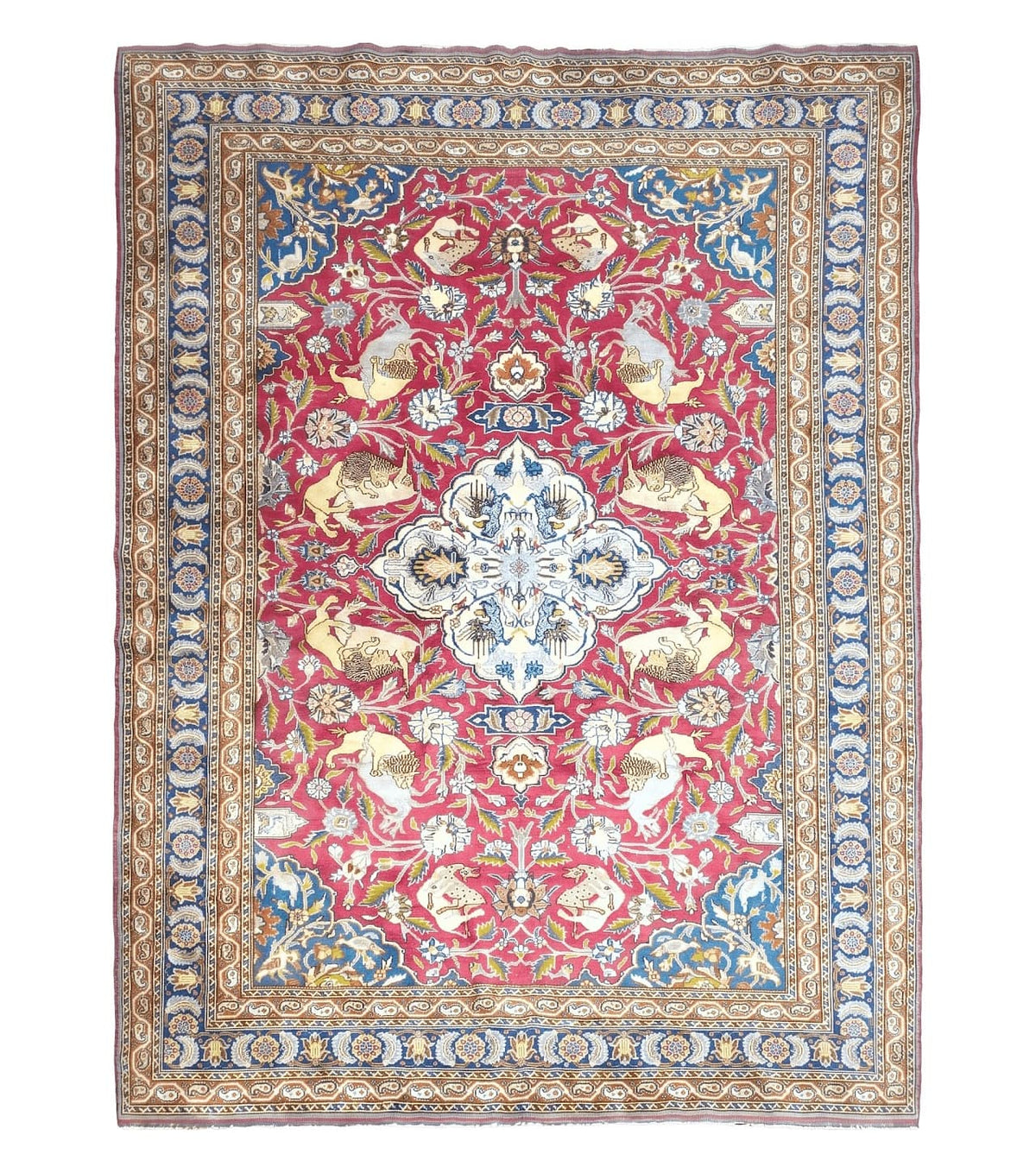 Antique Turkish Sivas Area Rug 8x11, Hand-Knotted, Vintage Red Wool Carpet, Gazelles Lions, Boteh Border, 8' x 11' Top Quality Oriental Rug