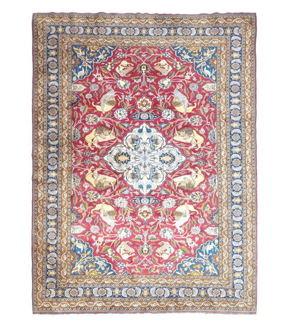 Antique Turkish Sivas Area Rug 8x11, Hand-Knotted, Vintage Red Wool Carpet, Gazelles Lions, Boteh Border, 8' x 11' Top Quality Oriental Rug