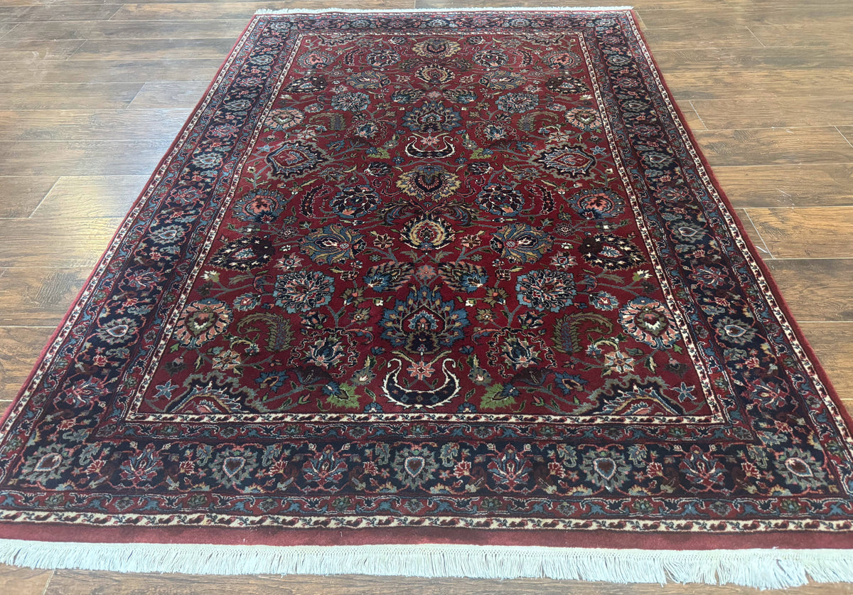 Indo Persian Rug 5x7, Vintage Traditional Floral Carpet, Burgundy and Navy Blue