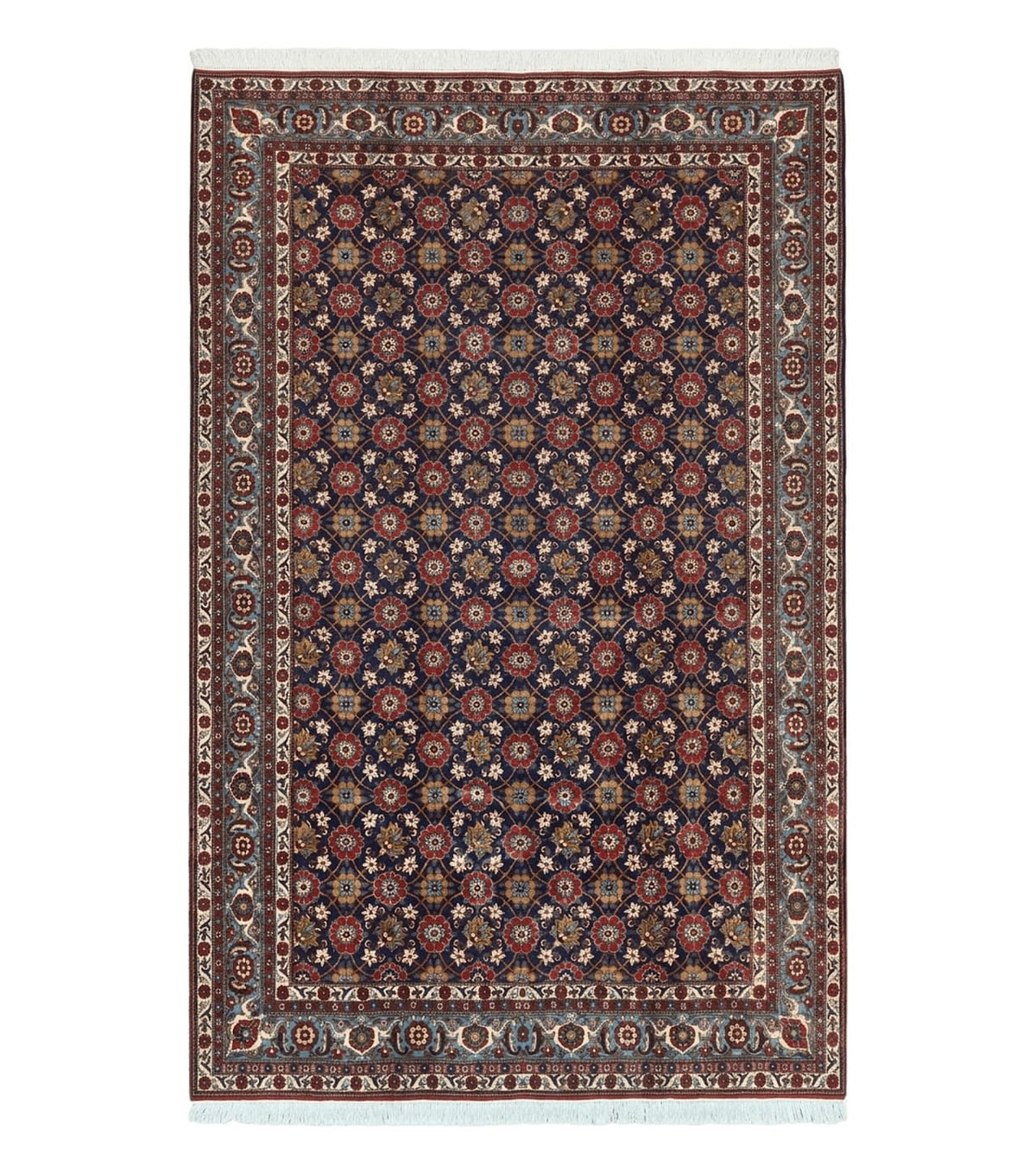Persian Veramin Rug 7x11, Repeated Allover Pattern, Handmade Vintage Carpet, Navy Blue