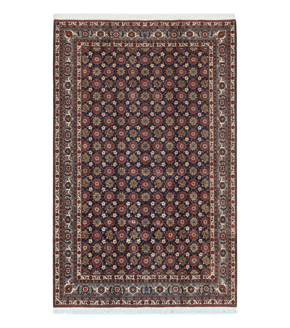 Persian Veramin Rug 7x11, Repeated Allover Pattern, Handmade Vintage Carpet, Navy Blue