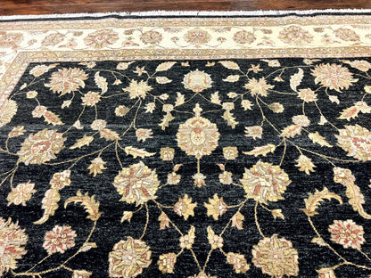 Indo Persian Rug 10x14, Charcoal and Beige, Floral Allover, Handmade Vintage Wool Carpet