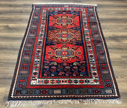 Antique Caucasian Seychour Rug 3.7 x 5.5, Collectible Oriental Carpet, Navy Blue and Red, Fine Kuba Rug, Vintage Rug, Wool Hand Knotted Rug
