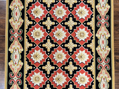 Runner Rug 4x19, Panel Design Rug, Custom Made Stark Runner Carpet, Wool, Vintage 4 x 19 Hallway Rug, European Design, Red Black Ivory Tan