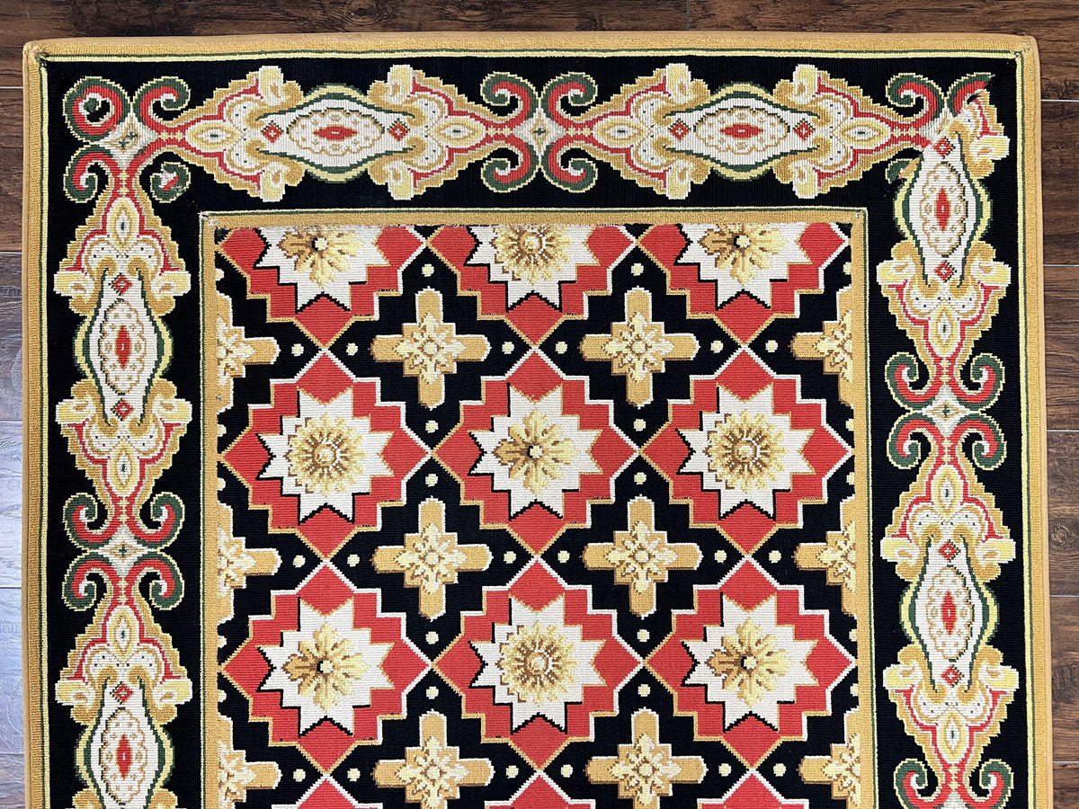 Runner Rug 4x19, Panel Design Rug, Custom Made Stark Runner Carpet, Wool, Vintage 4 x 19 Hallway Rug, European Design, Red Black Ivory Tan