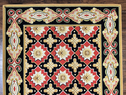 Runner Rug 4x19, Panel Design Rug, Custom Made Stark Runner Carpet, Wool, Vintage 4 x 19 Hallway Rug, European Design, Red Black Ivory Tan