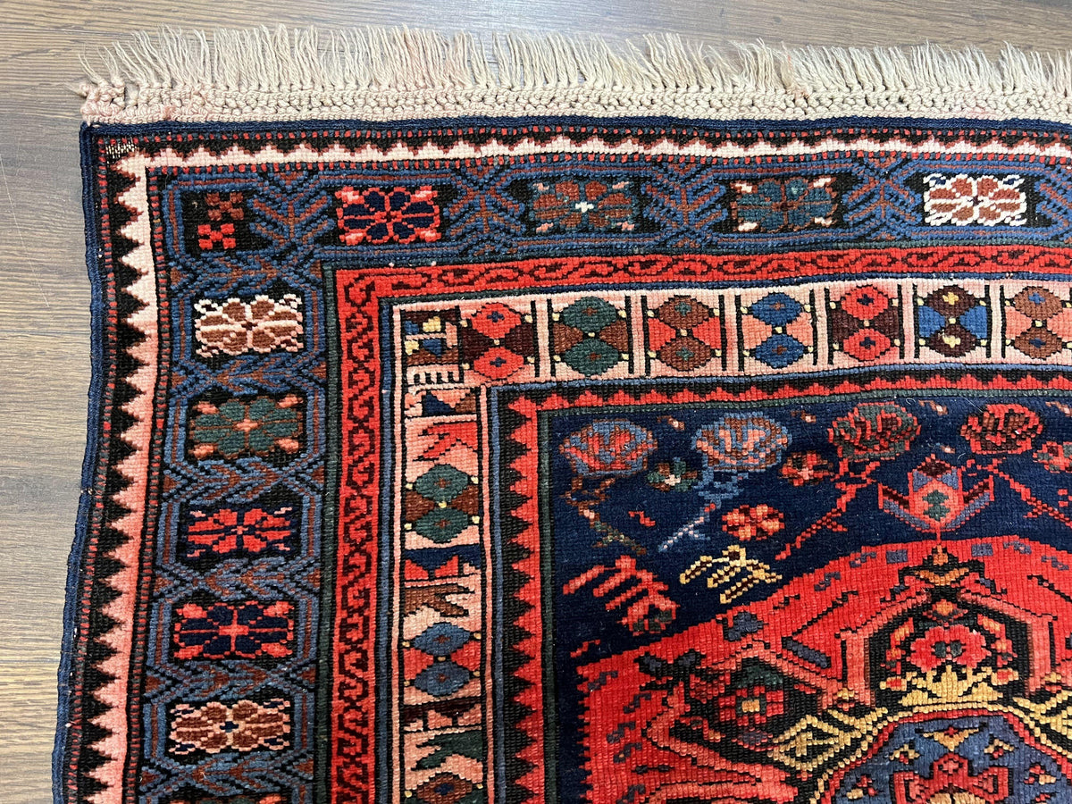 Antique Caucasian Seychour Rug 3.7 x 5.5, Collectible Oriental Carpet, Navy Blue and Red, Fine Kuba Rug, Vintage Rug, Wool Hand Knotted Rug