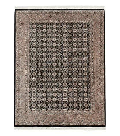 Indo Persian Rug 9x12, Vintage Handmade Wool Carpet, Repeated Allover Motif, Navy Blue and Pink