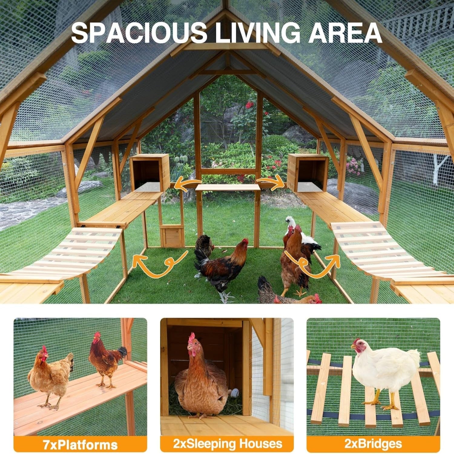 110"L Outdoor Large Chicken Coop with Waterproof Cover, Roosting Platform, Wire Mesh & 2 Lift Small Doors with Locks, Wood Chicken Coop House with Run for Cat Kitten Playpen, Duck, Rabbit, Quail