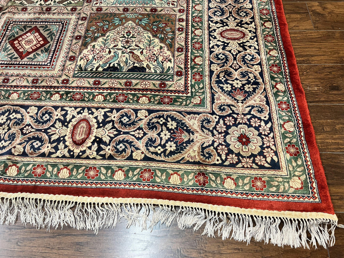 Silk Sino Persian Rug 9x12, Panel Design, Garden of Eden Pattern, Fine 200 KPSI, Hand Knotted Room Sized Silk Carpet, Vintage