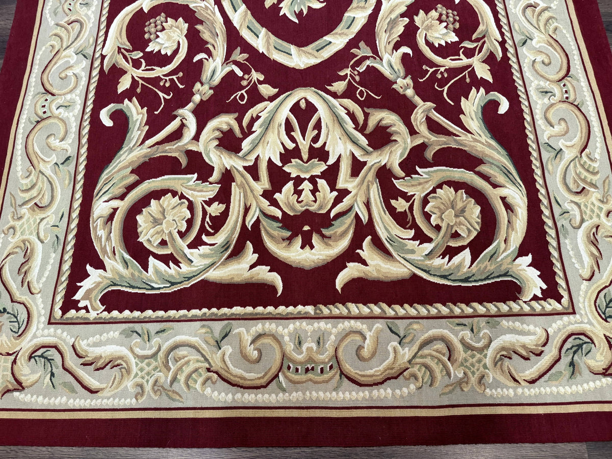 Burgundy Aubusson Rug 6x9, Vintage Wool Carpet
