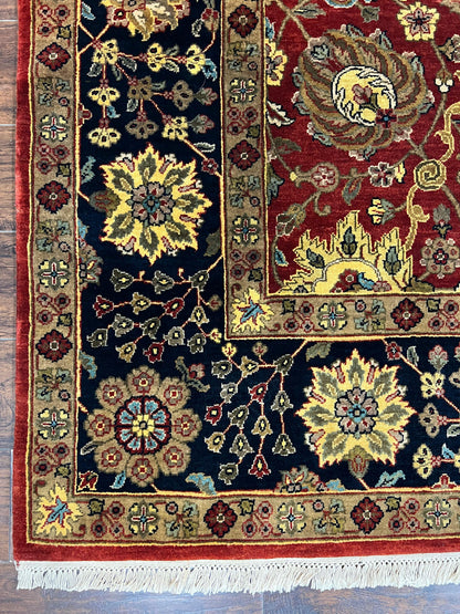 Indo Persian Rug 9x12, Hand Knotted Traditional Indian Wool Oriental Carpet 9 x 12 ft, Maroon and Navy Blue, Floral Allover 9x12 Vintage Rug