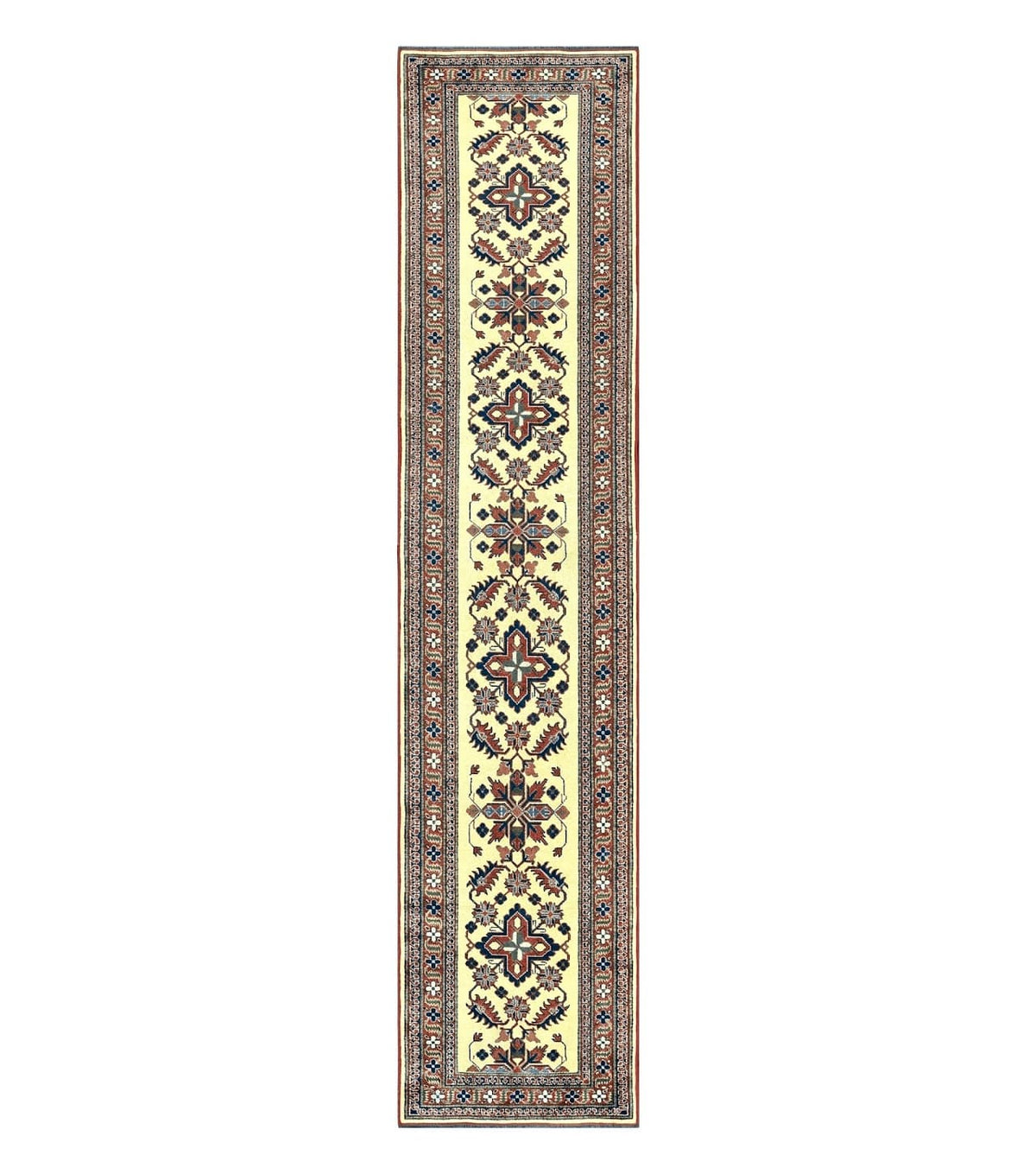 Afghan Heriz Runner Rug 2.9 x 12, Vintage Hand Knotted Persian Carpet for Hallway, 12ft Runner, Wool, Cream