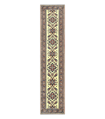 Afghan Heriz Runner Rug 2.9 x 12, Vintage Hand Knotted Persian Carpet for Hallway, 12ft Runner, Wool, Cream