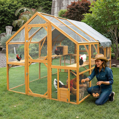 110"L Outdoor Large Chicken Coop with Waterproof Cover, Roosting Platform, Wire Mesh & 2 Lift Small Doors with Locks, Wood Chicken Coop House with Run for Cat Kitten Playpen, Duck, Rabbit, Quail