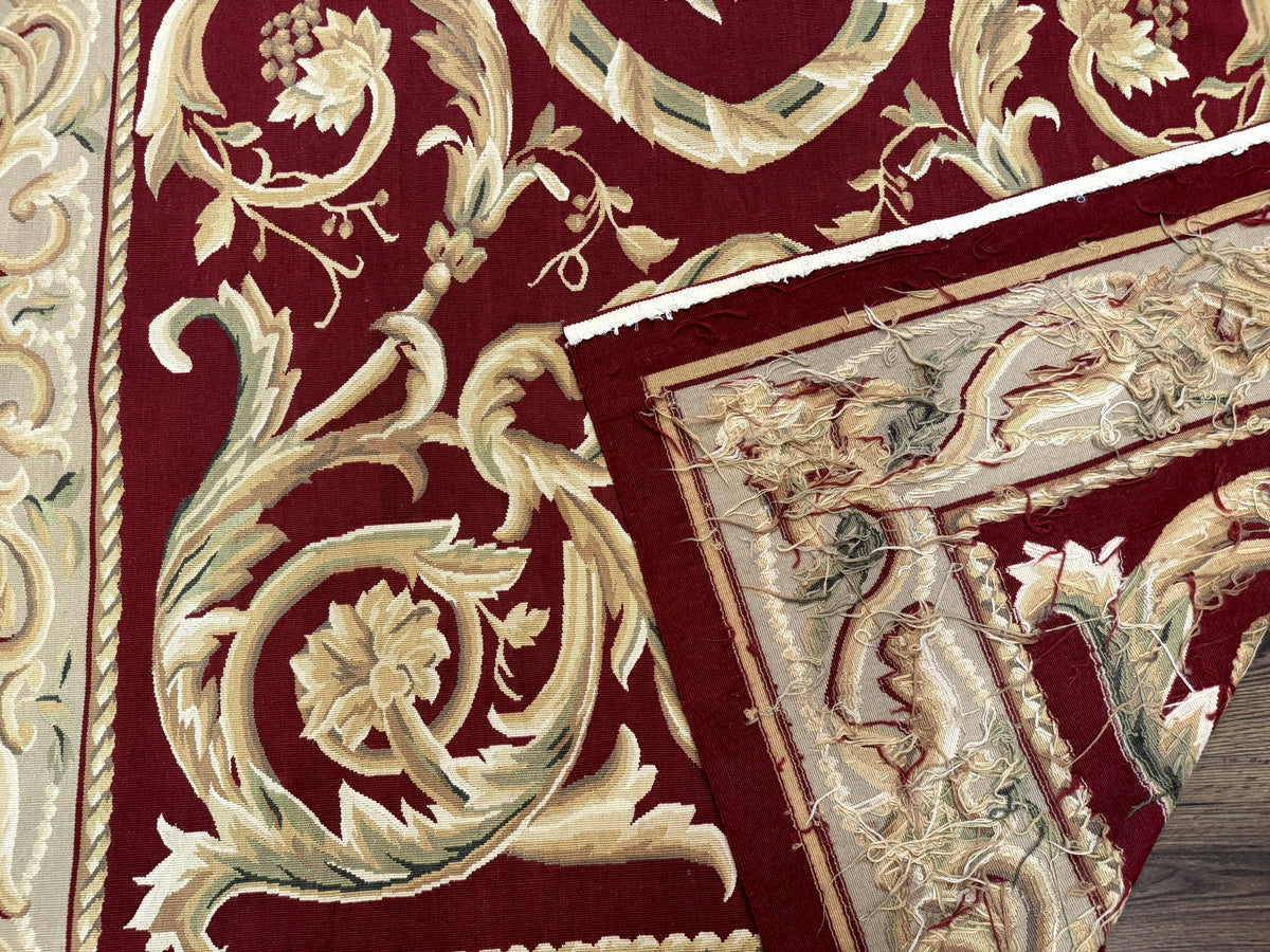 Burgundy Aubusson Rug 6x9, Vintage Wool Carpet