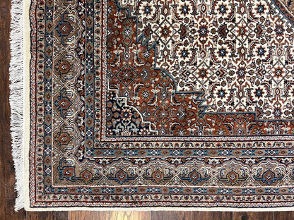 Indo Persian Rug 7x10 ft, Hand Knotted Wool Vintage Oriental Carpet 7 x 10, Traditional Handmade Herati Bidjar Cream Rug, Medallion Rug