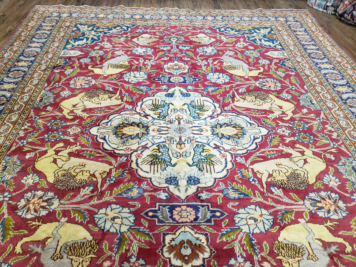 Antique Turkish Sivas Area Rug 8x11, Hand-Knotted, Vintage Red Wool Carpet, Gazelles Lions, Boteh Border, 8' x 11' Top Quality Oriental Rug