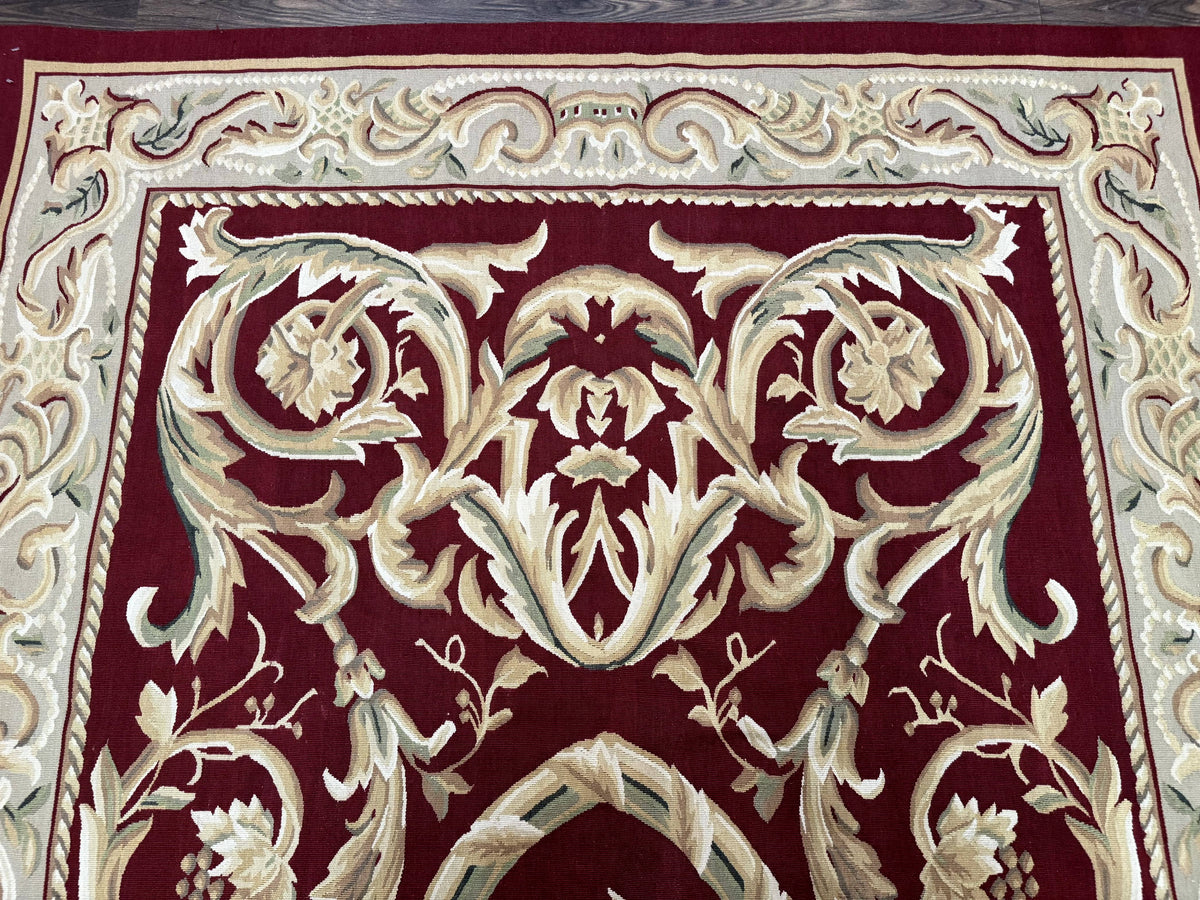 Burgundy Aubusson Rug 6x9, Vintage Wool Carpet