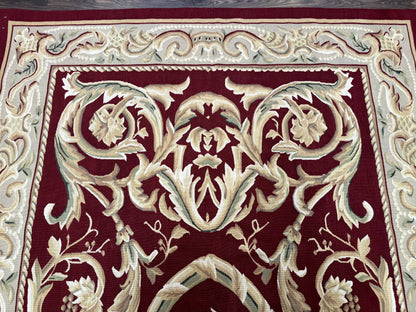 Burgundy Aubusson Rug 6x9, Vintage Wool Carpet