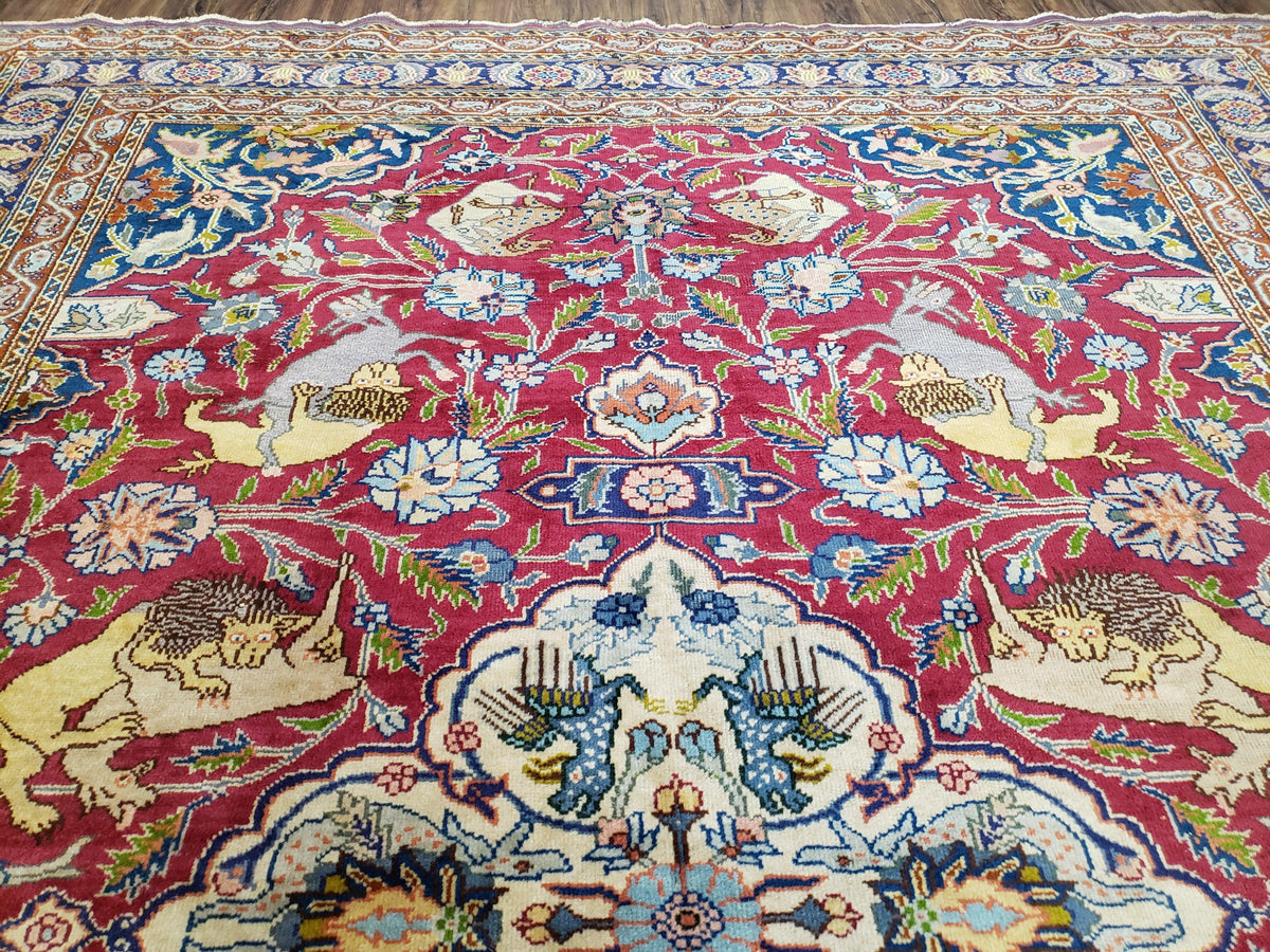 Antique Turkish Sivas Area Rug 8x11, Hand-Knotted, Vintage Red Wool Carpet, Gazelles Lions, Boteh Border, 8' x 11' Top Quality Oriental Rug
