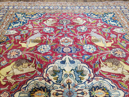 Antique Turkish Sivas Area Rug 8x11, Hand-Knotted, Vintage Red Wool Carpet, Gazelles Lions, Boteh Border, 8' x 11' Top Quality Oriental Rug
