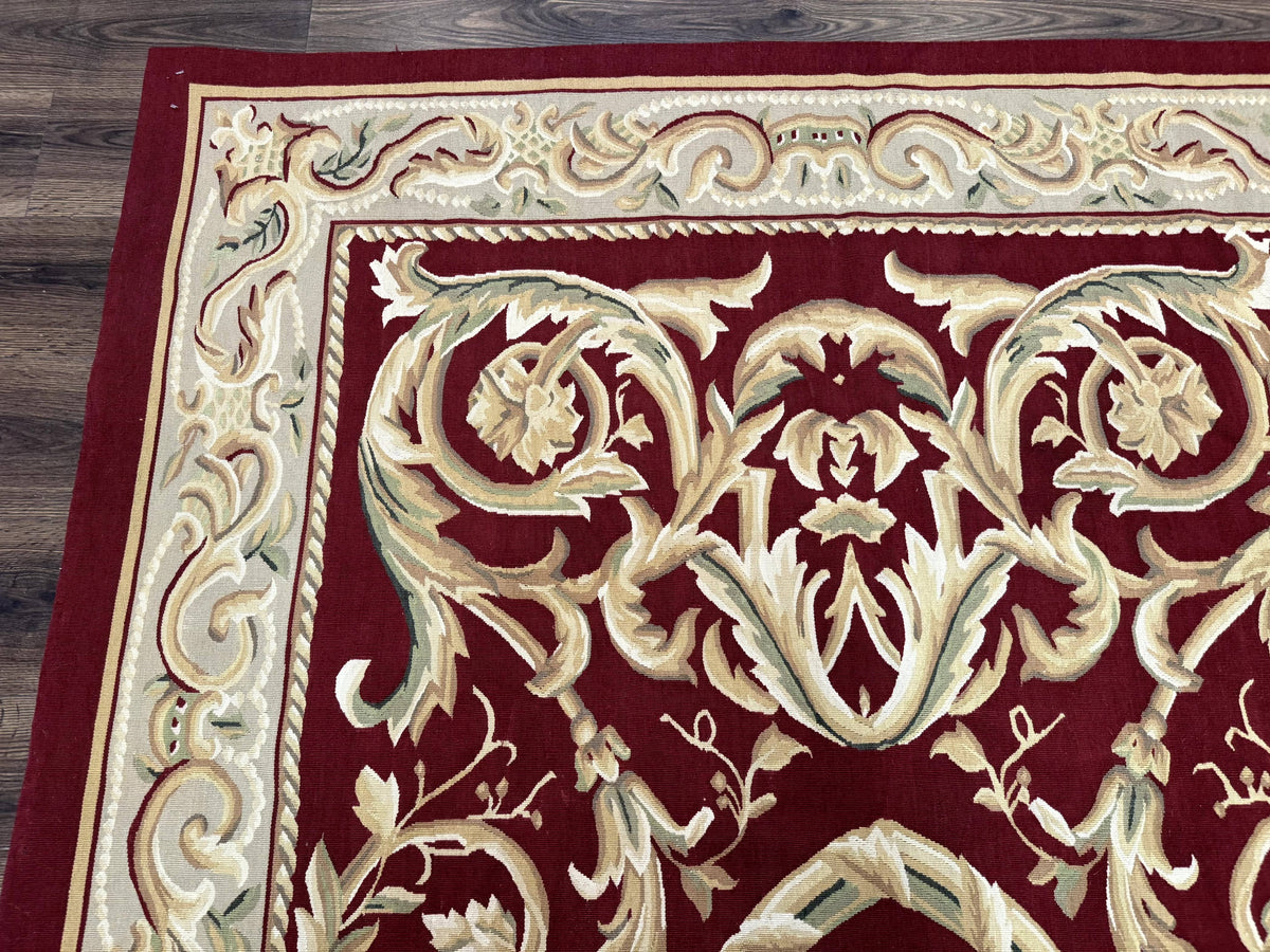 Burgundy Aubusson Rug 6x9, Vintage Wool Carpet