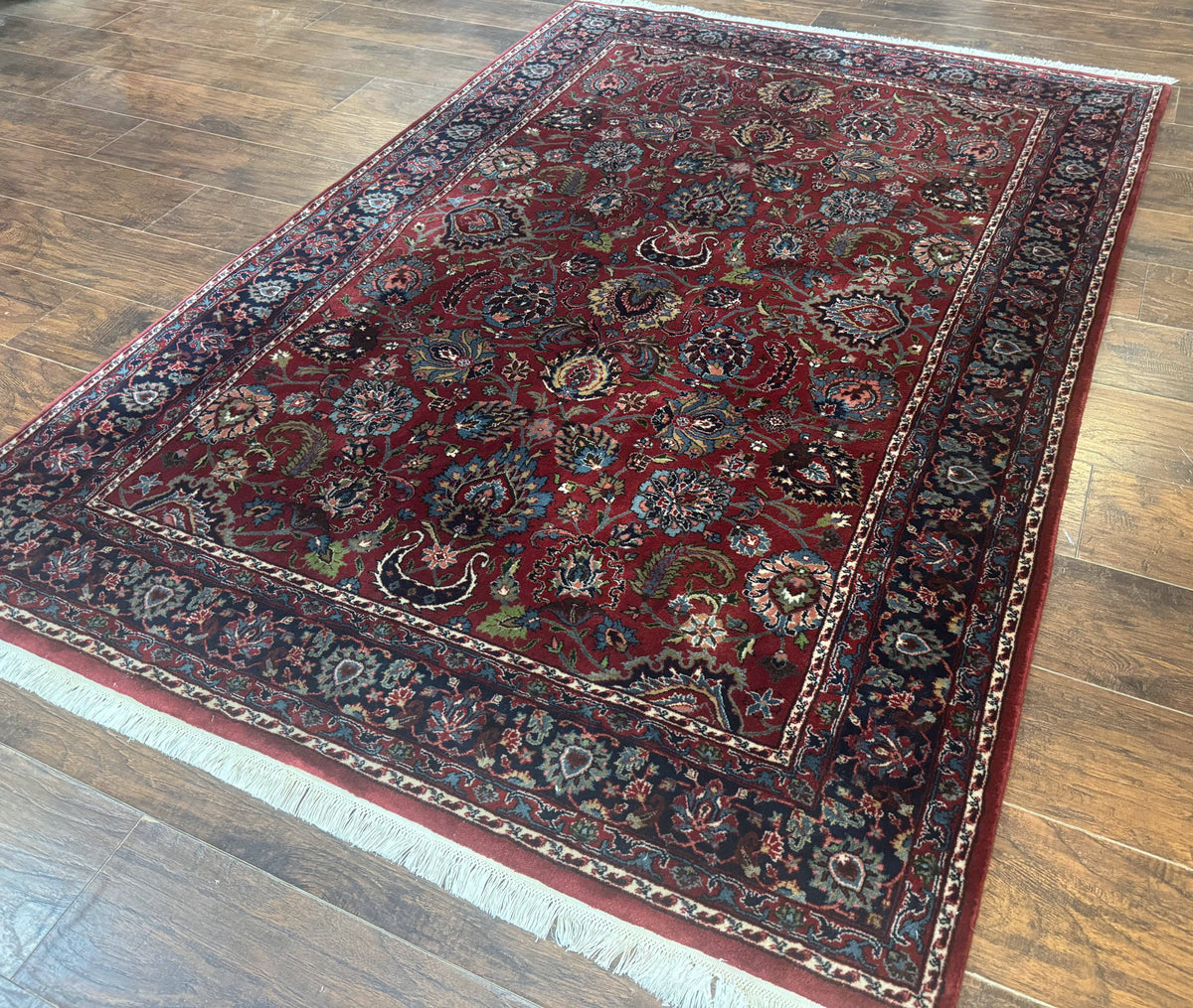 Indo Persian Rug 5x7, Vintage Traditional Floral Carpet, Burgundy and Navy Blue