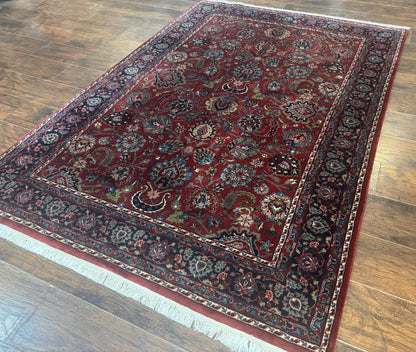 Indo Persian Rug 5x7, Vintage Traditional Floral Carpet, Burgundy and Navy Blue