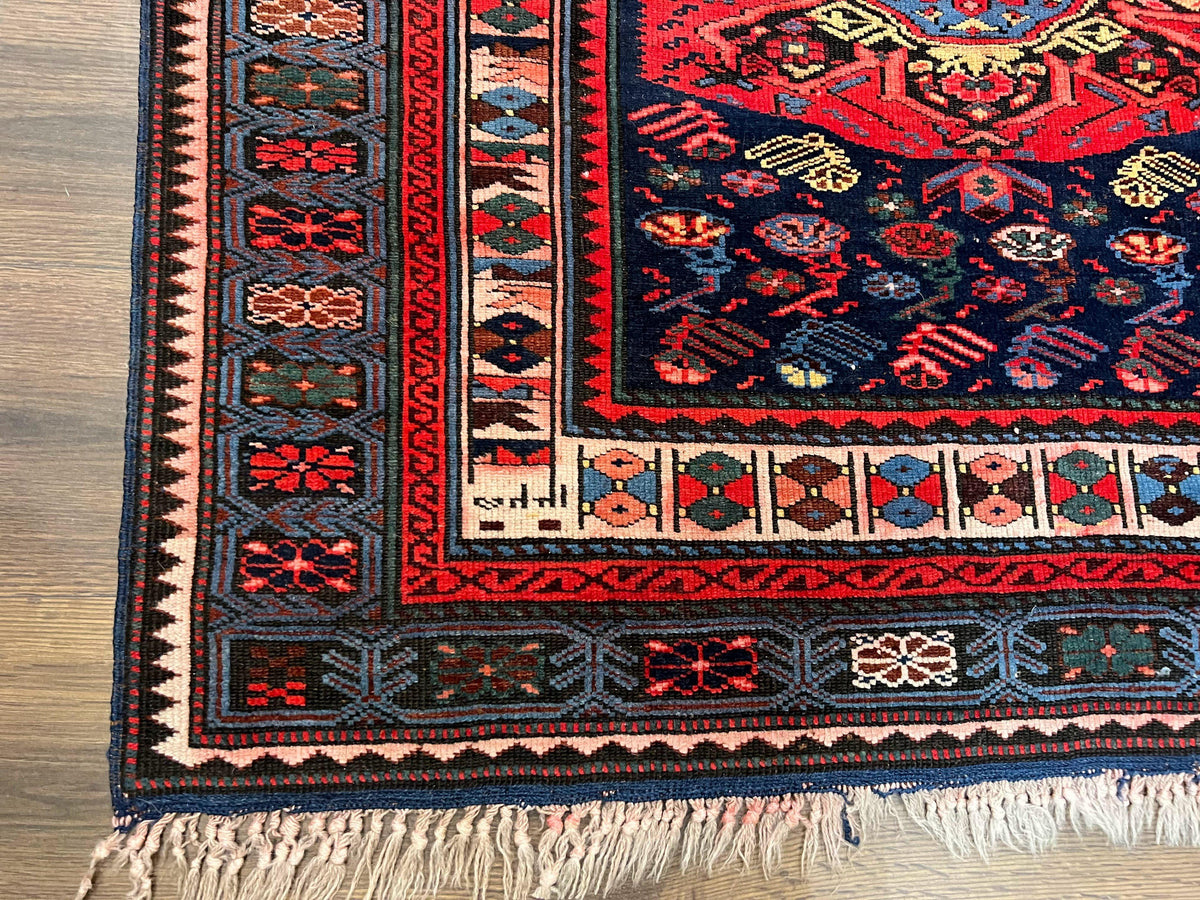 Antique Caucasian Seychour Rug 3.7 x 5.5, Collectible Oriental Carpet, Navy Blue and Red, Fine Kuba Rug, Vintage Rug, Wool Hand Knotted Rug