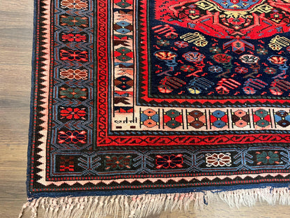 Antique Caucasian Seychour Rug 3.7 x 5.5, Collectible Oriental Carpet, Navy Blue and Red, Fine Kuba Rug, Vintage Rug, Wool Hand Knotted Rug