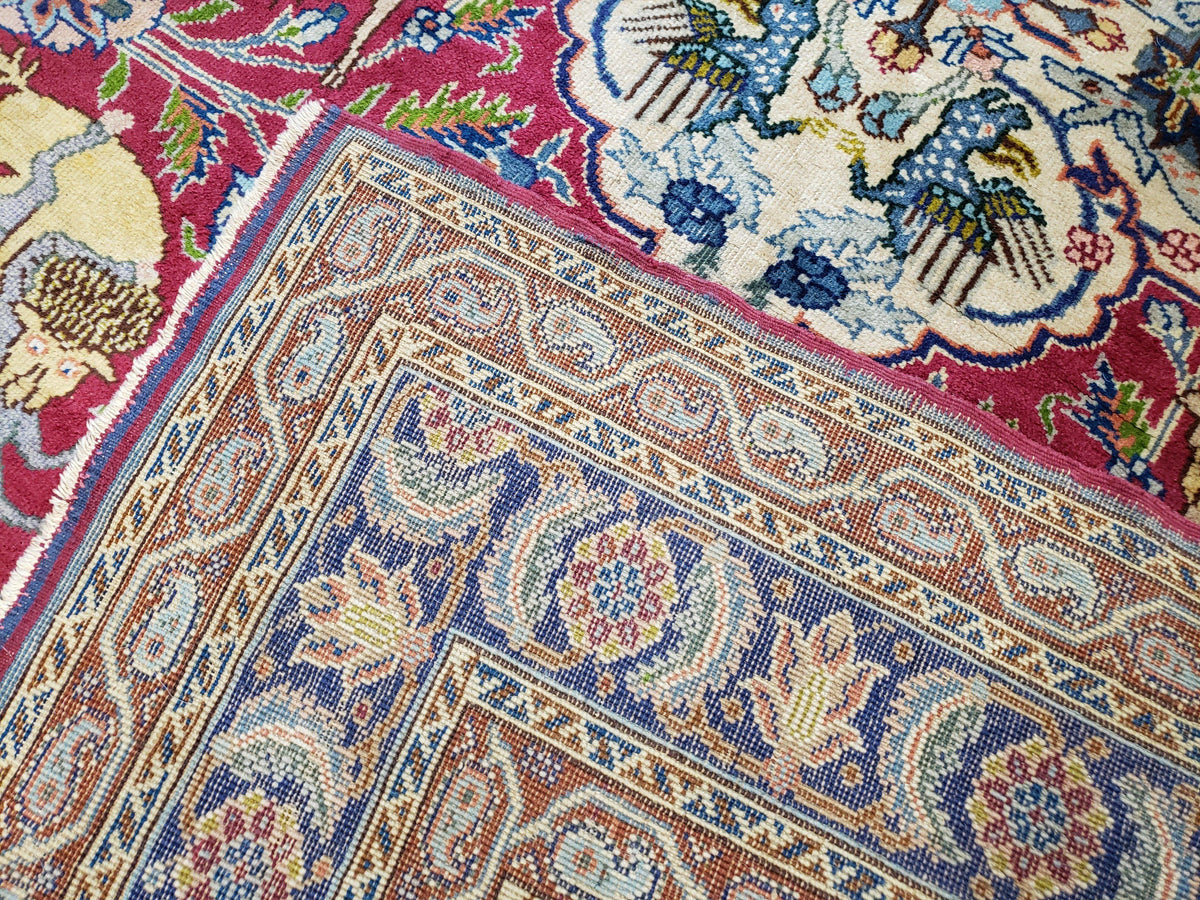 Antique Turkish Sivas Area Rug 8x11, Hand-Knotted, Vintage Red Wool Carpet, Gazelles Lions, Boteh Border, 8' x 11' Top Quality Oriental Rug
