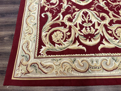 Burgundy Aubusson Rug 6x9, Vintage Wool Carpet