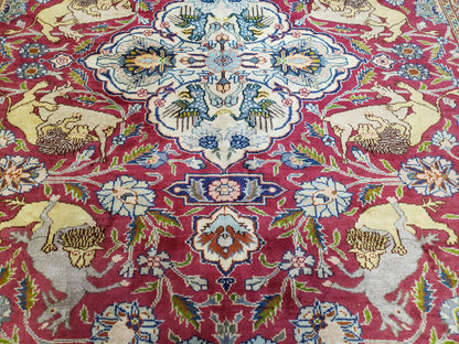 Antique Turkish Sivas Area Rug 8x11, Hand-Knotted, Vintage Red Wool Carpet, Gazelles Lions, Boteh Border, 8' x 11' Top Quality Oriental Rug