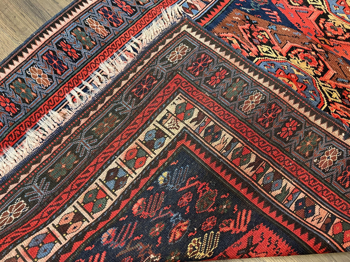 Antique Caucasian Seychour Rug 3.7 x 5.5, Collectible Oriental Carpet, Navy Blue and Red, Fine Kuba Rug, Vintage Rug, Wool Hand Knotted Rug