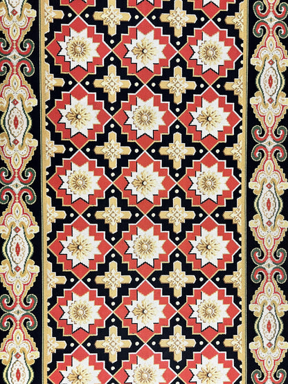 Runner Rug 4x19, Panel Design Rug, Custom Made Stark Runner Carpet, Wool, Vintage 4 x 19 Hallway Rug, European Design, Red Black Ivory Tan