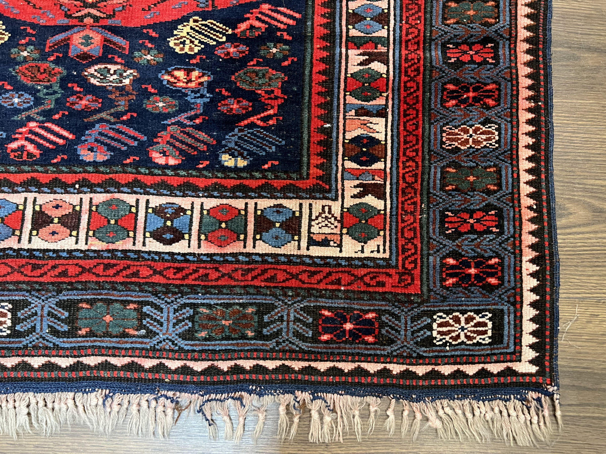 Antique Caucasian Seychour Rug 3.7 x 5.5, Collectible Oriental Carpet, Navy Blue and Red, Fine Kuba Rug, Vintage Rug, Wool Hand Knotted Rug