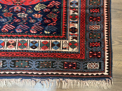 Antique Caucasian Seychour Rug 3.7 x 5.5, Collectible Oriental Carpet, Navy Blue and Red, Fine Kuba Rug, Vintage Rug, Wool Hand Knotted Rug