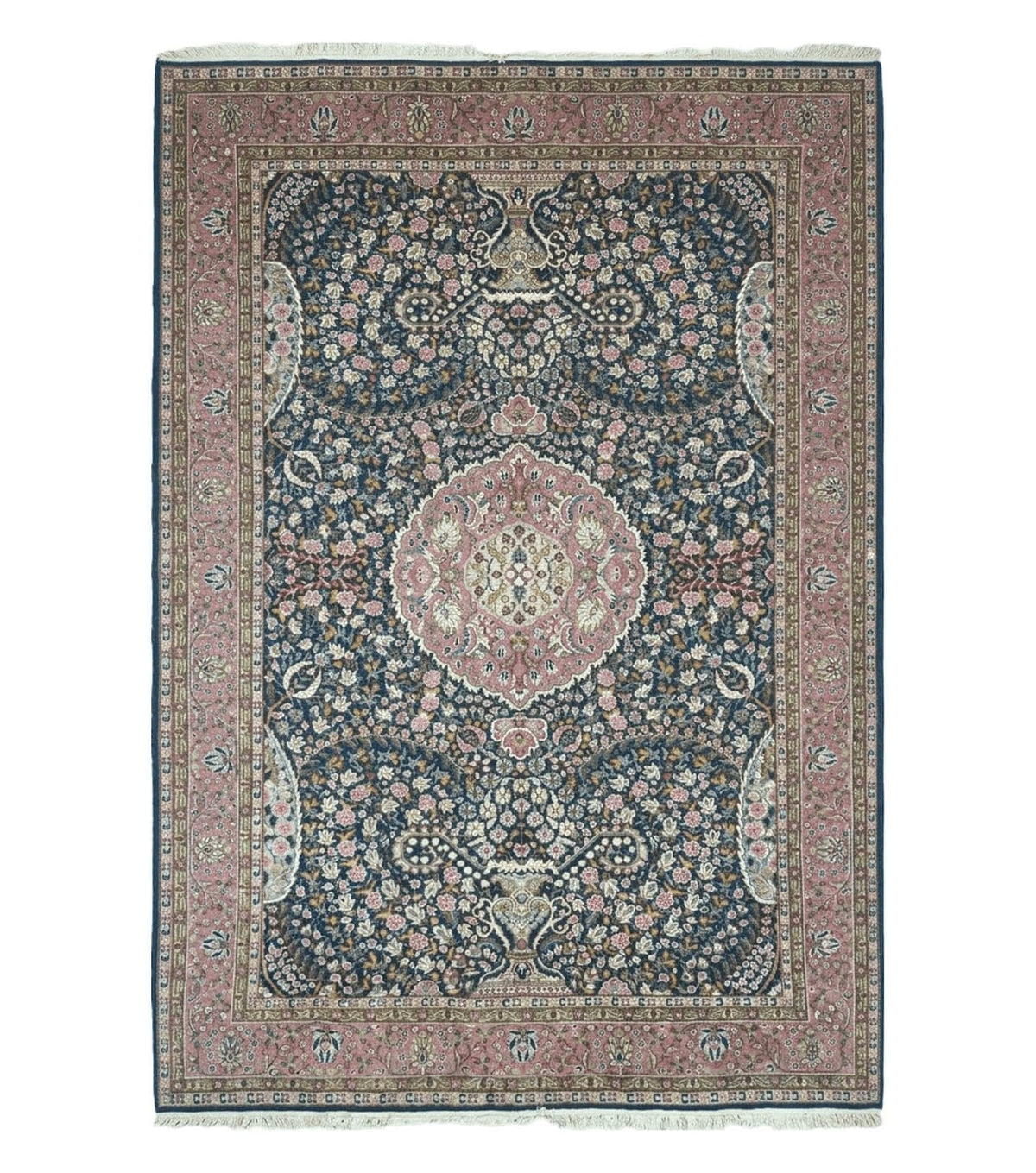 Turkish Sivas Rug 7x11, Navy Blue & Pink, Millifluer Floral Wool Carpet, Vintage