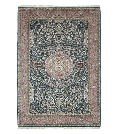Turkish Sivas Rug 7x11, Navy Blue & Pink, Millifluer Floral Wool Carpet, Vintage
